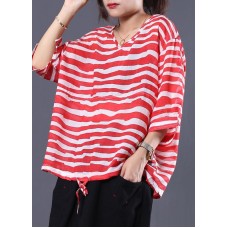 Handmade drawstring hem cotton tunics for women Sleeve red striped shirts summer