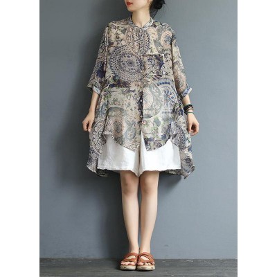 Chic cotton tunic top Korea Retro Printed High Low Hem Comfortable Blouse