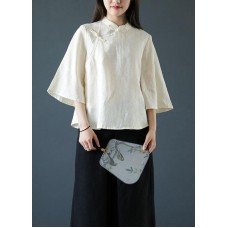 Handmade nude linen Blouse stand collar Chinese Button tunic shirts