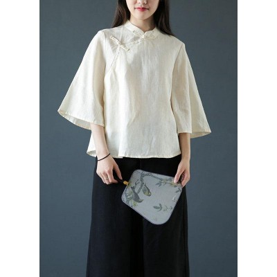 Handmade nude linen Blouse stand collar Chinese Button tunic shirts