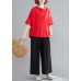 Women Button Down elastic waist linen shirts women red Art blouses