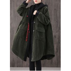 Women Tea Green hooded Button Pockets Patchwork Winter Cotton Parka Long sleeve Coat