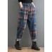 Style Blue Plaid Pockets elastic waist Patchwork Denim Pants Spring