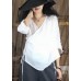 Simple black v neck linen shirts women asymmetric hem Plus Size Clothing fall shirts