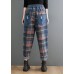 Style Blue Plaid Pockets elastic waist Patchwork Denim Pants Spring