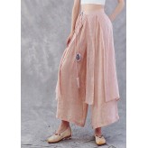 Plus Size Pink tie waistAsymmetrical Linen wide leg Pants Spring