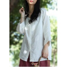 Women linen Blouse Women Solid Color Single Breasted White Reversible Blouse