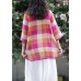 Beautiful stand collar linen top silhouette Sewing blue plaid tops