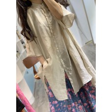 French nude stand collar linen clothes For Women low high design shirt Dress