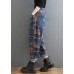 Style Blue Plaid Pockets elastic waist Patchwork Denim Pants Spring