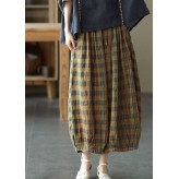 Yellow Plaid Print Cotton wide leg Pants drawstring Spring