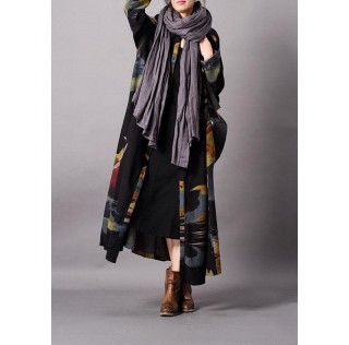 Fine blue print plus size clothing long fall lapel Button Down coat