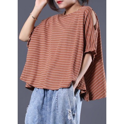 Loose off the shoulder sleeve cotton crane tops Cotton dark khaki striped tops summer