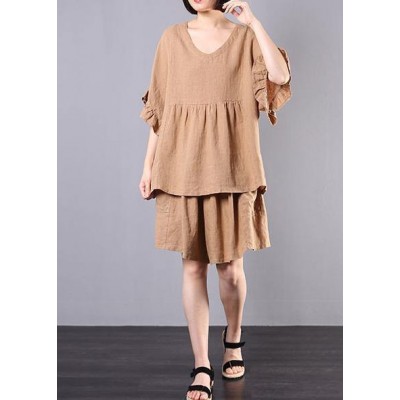 women casual cotton linen khaki two pieces ruffles sleeve blouse with fashion shorts