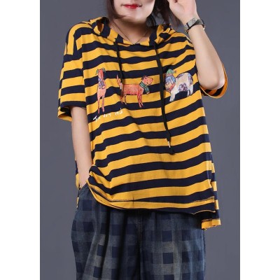 Women Cartoon print cotton top silhouette Neckline yellow striped shirt summer